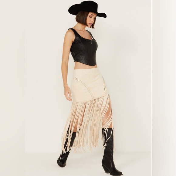 Vocal Dresses & Skirts - Vocal Cream Fringe Studded Skirt